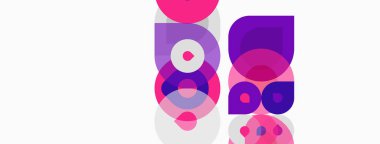 Soyut geometrik şekiller örtüşür, parlak pembeler ve morlar yaratır. Minimalist tasarım beyaz arka planda. Modern estetik.