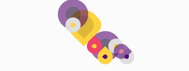 Soyut şekiller örtüşüyor, renkli bir tasarım yaratıyor. Daireler, ovalar, mor, sarı renkler kompozisyona hakim. Minimalist estetik.