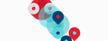 Soyut daireler örtüşüyor, katmanlı şekiller yaratıyor. Kırmızı, mavi, turkuaz renkler beyaz arkaplana hakim. Minimalist tasarım bağlantı ve ağ öneriyor.