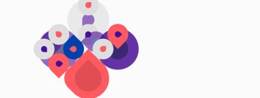 Soyut renkli şekiller örtüşür, eğlenceli kompozisyonlar yaratır. Çemberler, ovaller pembe, mor ve beyazları kullanarak tasarıma hükmediyor. Minimalist stil.