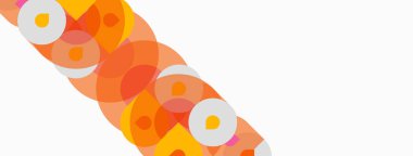 Üst üste binen turuncu daireler içeren soyut bir kompozisyon. Beyaz zemin, modern görsel efekt yaratarak zıtlık sağlıyor. Basit şekiller tasarıma hükmediyor.