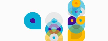 Soyut renkli daireler çakışıyor ve dinamik bileşim oluşturuyor. Şekiller, boyutlar, renkler, bağlantı, büyüme. Minimalist tasarım.