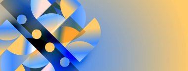 Soyut geometrik şekiller, mavi, turuncu renkler harmanlanır. Gradyan arka plan modern görsel etki yaratır. Minimalist tasarım.