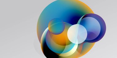 Soyut daireler örtüşür, canlı renk karışımları yaratır. Renkler maviden turuncuya kayarak sıvı şekiller oluşturur. Minimalist tasarım.