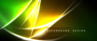 Soyut neon ışıklar parlak yeşil, sarı gradyanlar yaratır. Koyu arkaplan parlak çizgileri, modern tasarım elementlerini vurgular.