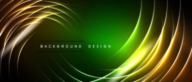 Soyut tasarım kıvrımlı çizgiler, canlı yeşil merkez, altın uçlar içerir. Modern estetik, arka planlar ve sunumlar için uygun..
