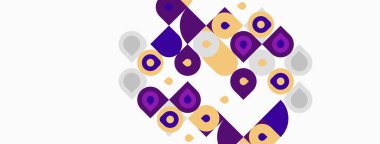 Soyut geometrik desen. Kareler, daireler, gözyaşları dinamik görsel doku oluşturur. Mor, altın, gri baskın kompozisyon.