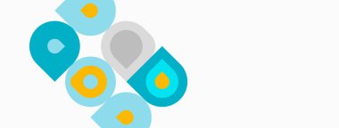 Soyut grafik tasarımı tekrarlanan harf biçimlerini içerir. Turkuaz, gri, sarı renkler modern görsel etki yaratır. Basit şekiller, neşeli markalaşmayı akla getiriyor..