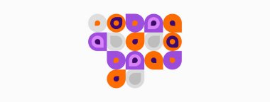 Soyut desen daireler, değişik mor renkler, turuncu renkler içerir. Şekiller örtüşür ve dinamik görsel doku yaratır. Minimalist tasarım, temiz arkaplan.