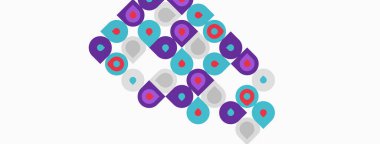 Soyut şablon tekrarlayan daireler, kareler, dikdörtgenler içerir. Renkler arasında mor, turkuaz, pembe, gri var. Minimalist tasarım.