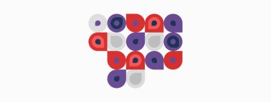 Soyut desen, farklı boyutlarda, mor, kırmızı, gri tonlarda renkli daireler içerir. Minimalist tasarım, basit şekiller, temiz estetik..