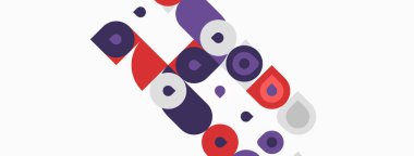 Soyut geometrik şekiller, mor, kırmızı, beyaz. Çemberler, kareler modern tasarım yaratarak örtüşüyor. Minimalist kompozisyon, temiz estetik.