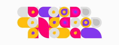 Abstract geometric shapes, vibrant colors, playful composition. Circles, rectangles overlap creating dynamic visual pattern. Modern design.