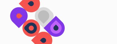 Soyut renkli şekiller örtüşür, dinamik görsel kompozisyon yaratır. Yuvarlak formlar oyuncu tasarım elementleri önerir. Basit geometri resme hakim olur.