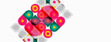 Soyut renkli daireler, kareler, dikdörtgenler üst üste binerek dinamik bileşimler oluştururlar. Parlak renkler beyaz arkaplana hakim. Modern tasarım.