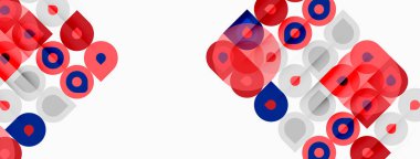 Soyut desenler üst üste binen daireler, kareler. Kırmızı, mavi, gri renkler dinamik görsel doku yaratır. Minimalist tasarım, modern estetik.