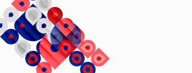 Soyut geometrik şekiller, daireler, kareler, kırmızı, mavi, gri. Minimalist tasarım, çapraz düzenleme, temiz estetik, modern kompozisyon.