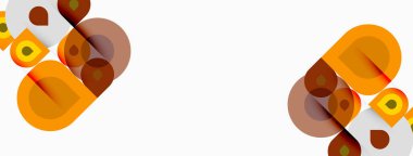 Soyut geometrik şekiller, turuncu renkler baskın gelir. Üst üste binen daireler dinamik görsel desen oluşturur. Minimalist tasarım, temiz arkaplan.