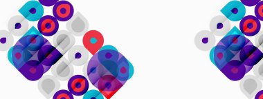 Soyut geometrik şekiller örtüşüyor, canlı renk kalıpları yaratıyor. Mor, kırmızı, Cyan baskın beyaz arka plan. Modern tasarım ögesi.