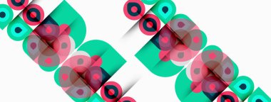 Soyut geometrik desen. Üst üste binen daireler, kareler dinamik görsel doku oluşturur. Teal, pembe, siyah renkler kompozisyona hakim.