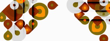 Soyut geometrik şekiller, daireler, kareler, kahverengi, turuncu renkler. Minimalist tasarım, modern model, temiz çizgiler, nötr arkaplan.