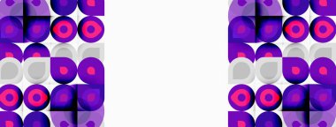 Kalıplarda daireler, kareler, zıt mor renkler var. Beyaz uzay tekrarlayan tasarım elementlerini böler. Basit geometri kompozisyona hakim olur.