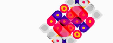 Soyut şablon renkli daireler, kareler, üst üste binen şekiller içerir. Canlı renklere sahip minimalist tasarım dinamik görsel efekt yaratır.