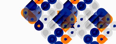 Soyut geometrik desen. Daireler, kareler üst üste binerek dinamik görsel doku oluşturuyor. Mavi, turuncu, gri baskın kompozisyon.