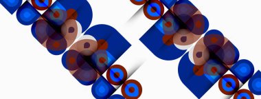 Soyut geometrik desen. Mavi, kahverengi, turuncu daireler tekrar eden dizaynlar oluşturuyor. Minimalist tarz, temiz çizgiler, modern estetik..