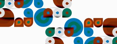 Soyut desenler üst üste binen daireler, çeşitli renkler, basit şekiller. Arkaplan beyaz, tasarım eski, modern.