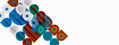 Soyut geometrik şekiller çakışıyor. Daireler, kareler, dikdörtgenler renkli desenler oluşturur. Beyaz arkaplanı olan minimalist tasarım.
