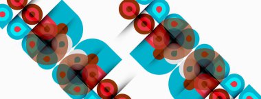 Soyut geometrik desen. Cyan kareler kahverengi dairelerle örtüşüyor, katmanlı görsel efekt yaratıyor. Tekrarlama köşegen çizgiler oluşturur.