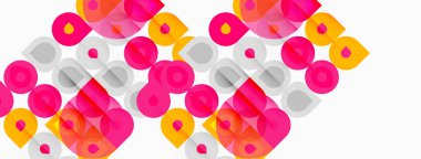 Soyut desenler üst üste binen daireler, kareler, değişik renkler pembe, turuncu, gri. Basit geometrik şekiller dinamik görsel doku oluşturur.