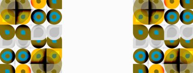 Retro desen tekrarlanan daireler, kareler, zeytin, deniz mavisi, altın renkleri içerir. Simetrik düzende temiz tasarım, minimalist estetik.