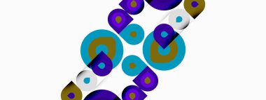 Soyut daireler örtüşüyor, katmanlı şekiller yaratıyor. Renkler arasında mavi, altın, mor, beyaz. Minimalist tasarım, modern estetik.