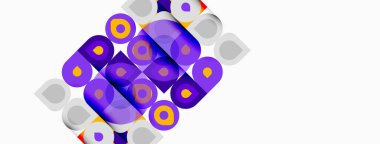 Soyut geometrik desen. Çemberler, kareler örtüşüyor ve canlı görsel doku oluşturuyor. Mor, sarı renkler kompozisyona hakim..