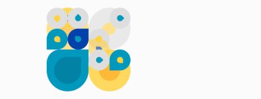 Soyut baykuş çizimi. Mavi, sarı daireler yüzü, vücudu oluşturur. Minimalist tasarım, basit şekiller, temiz estetik..