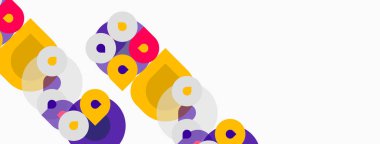 Soyut tasarım özellikleri üst üste binen daireler, oyuncu metin elementleri oluşturur. Parlak mor, sarı renkler beyaz arkaplana hakim. Modern, enerjik.