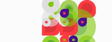 Soyut daireler örtüşüyor, canlı renk kalıpları yaratıyor. Yeşil, kırmızı, mor renkler kompozisyona hakim. Basit şekiller eğlenceli tasarımı akla getiriyor.