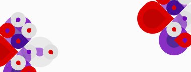 Soyut kompozisyon. Daireler, üst üste binen şekiller, kırmızı, mor, beyaz renkler tasarımda baskın. Minimalist estetik, temiz arkaplan sunumu.