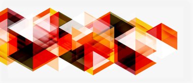 Soyut geometrik tasarım. Turuncu, kırmızı, sarı üçgenler üst üste binerek dinamik desen oluşturuyor. Modern, canlı kompozisyon.