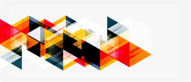 Soyut geometrik tasarım. Üst üste binen üçgenler sıcak ve serin renkler kullanarak dinamik desenler oluştururlar. Modern, minimalist estetik.