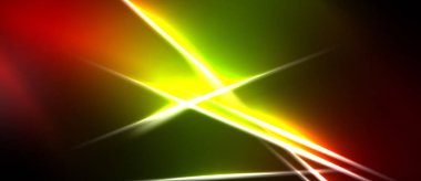 Bright abstract lines intersect, creating vibrant energy. Red, green, yellow hues dominate dark background. Dynamic visual effect.