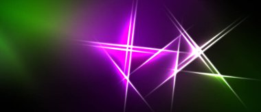 Soyut arka plan canlı yeşil, mor renkler içerir. Parlak çizgiler, dinamik ışık efektleri oluşturarak kesişiyor. Koyu alanlar çerçeve bileşimi.