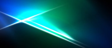 Soyut ışık çizgileri, canlı maviler, yeşiller baskın gelir. Çapraz çizgiler dinamik görsel etki yaratır. Koyu arkaplan aydınlığı artırır.