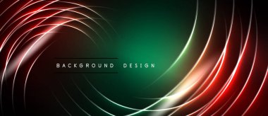 Soyut tasarım kıvrımlı çizgiler, canlı renkler içerir. Koyu arkaplan parlak kırmızı, beyaz ve yeşil elementlerle tezat oluşturuyor. Modern estetik.