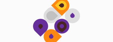 Soyut tasarım renkli daireler, üst üste binen şekiller içerir. Mor, turuncu, gri tonlu minimalist kompozisyon. Temiz estetik.