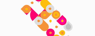 Soyut geometrik şekiller, canlı renkler, oyuncu tasarım. Daireler, kareler, dikdörtgenler dinamik bileşim oluşturarak kesişir. Modern estetik.