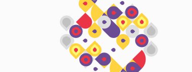 Abstract geometric shapes, circles, squares, colors. Composition features purple, red, yellow, gray tones. Minimalist design, modern aesthetic.