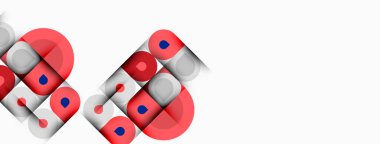 Soyut geometrik şekiller, kırmızı, mavi, gri. Üst üste binen daireler dinamik bileşim yaratır. Minimalist tasarım, temiz çizgiler, modern estetik..